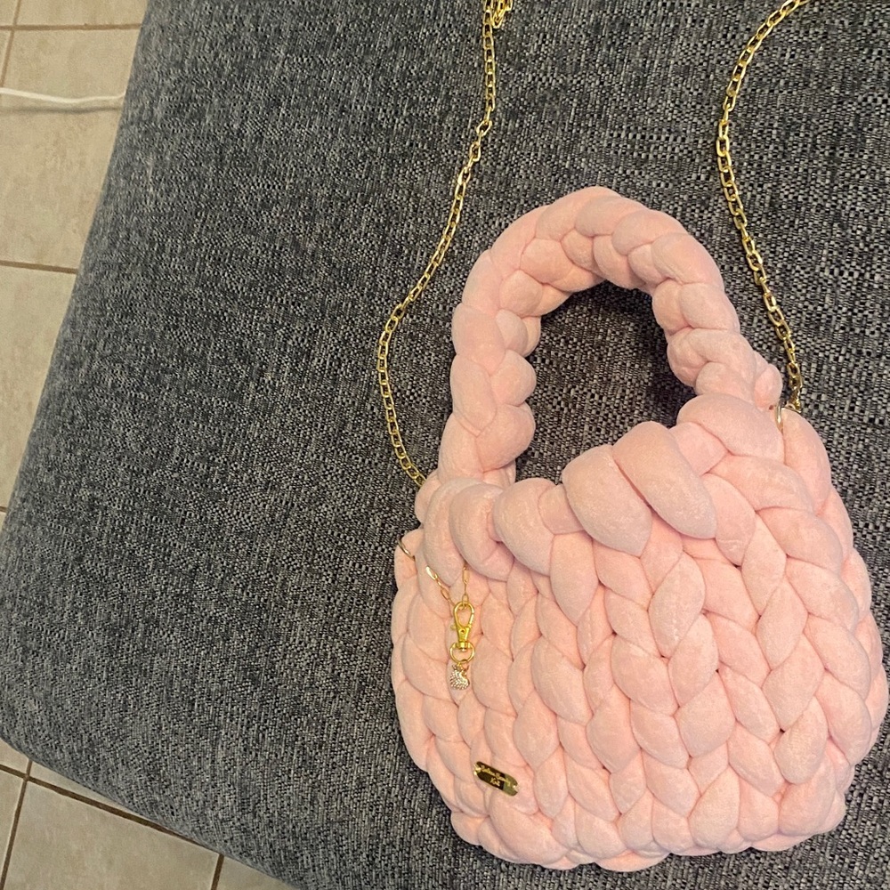 Elegant Pink Braided Mini Bag with Gold Chain